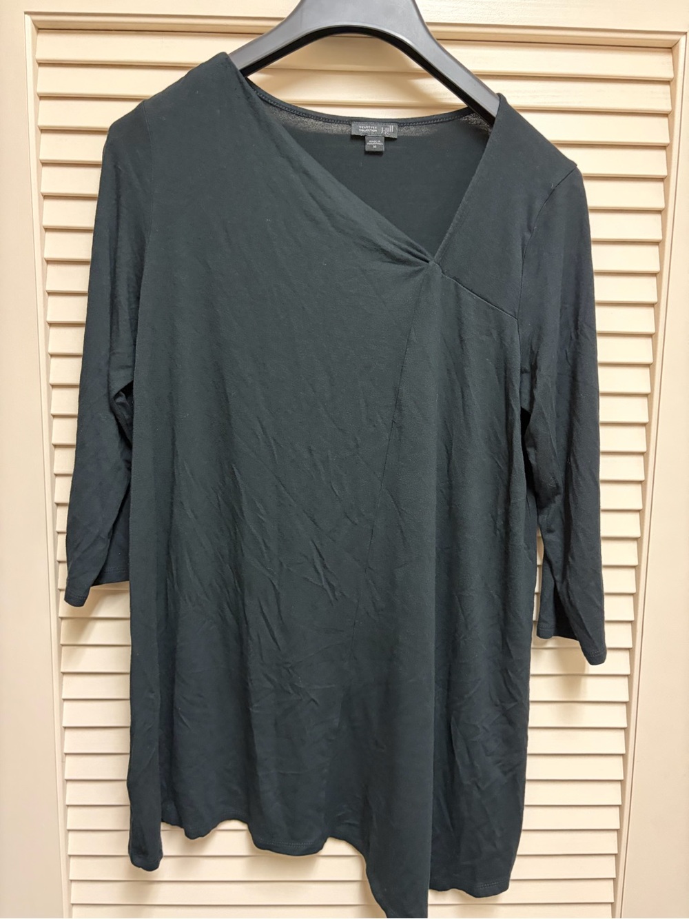 J Jill Wearever Tunic Womens M Black Asymmetrical Draped 3/4 Sleeve Stretch